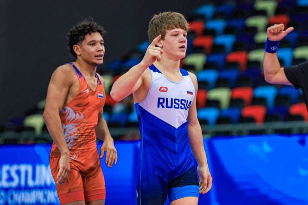U17, U 17 Wrestling World Championships 65kg GR - Shamil Labazanov (RUS) df. Raffaele Saverio Dragutin Hight (NED) *** U17 Wrestling World Championships, 65 kg Greco-Roman: Shamil Labazanov (RUS) defeated Raffaele Saverio Dragutin Hight (NED) by fall Copyright: xUnitedxWorldxWrestlingx xAmirrezx UWW-U17-WC-BAKU-2026