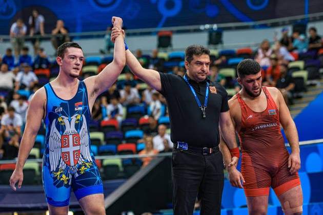 U17, U 17 Wrestling World Championships 110kg GR - Andrej Simic (SRB) df. Emin Bakhshaliyev (AZE) *** U17 Wrestling World Championships, 110 kg, Greco-Roman: Andrej Simic (SRB) def. Emin Bakhshaliyev (AZE) Copyright: xUnitedxWorldxWrestlingx xAmirrezx UWW-U17-WC-BAKU-2026