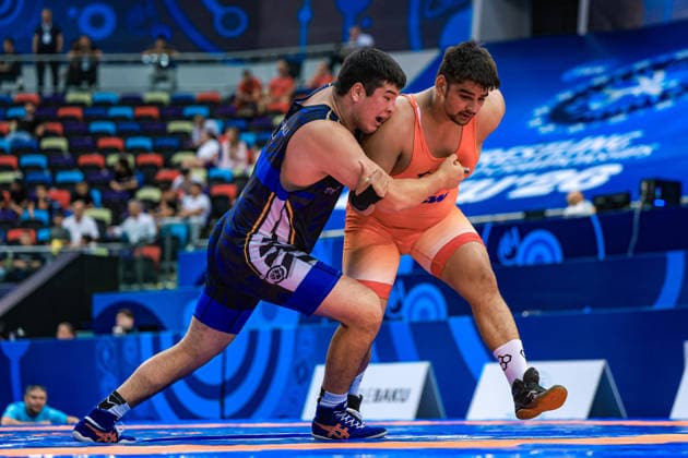 U17, U 17 Wrestling World Championships 110kg GR - Arystan Temergali (KAZ) df. Harsh Dalal (IND) *** U17 Wrestling World Championships, 110 kg Greco-Roman: Arystan Temergali (KAZ) def. Harsh Dalal (IND) Copyright: xUnitedxWorldxWrestlingx xAmirrezx UWW-U17-WC-BAKU-2026