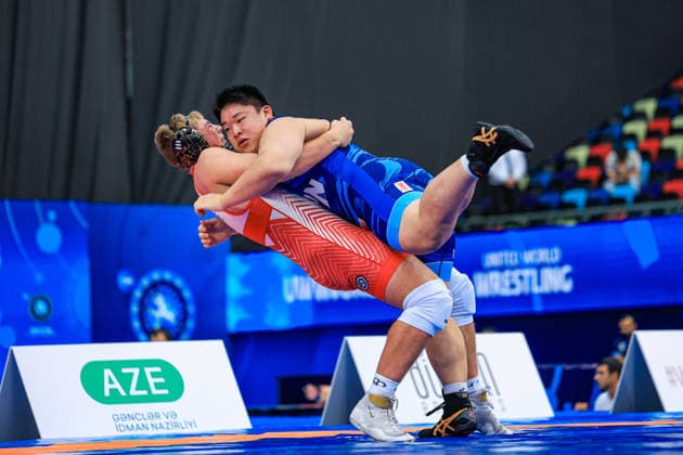 U17, U 17 Wrestling World Championships 110kg GR - Bruno Roger Pallone (USA) df. Mitsuyoshi Urushima (JPN) *** U17 Wrestling World Championships, 110 kg Greco-Roman: Bruno Roger Pallone (USA) defeated Mitsuyoshi Urushima (JPN) Copyright: xUnitedxWorldxWrestlingx xAmirrezx UWW-U17-WC-BAKU-2026