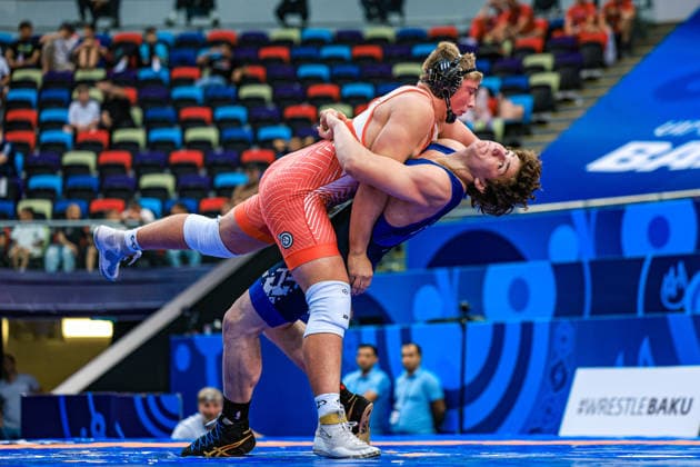 U17, U 17 Wrestling World Championships 110kg GR - Bruno Roger Pallone (USA) df. Yahor Savich (BLR) *** U17 Wrestling World Championships, 110 kg Greco-Roman: Bruno Roger Pallone (USA) defeated Yahor Savich (BLR) Copyright: xUnitedxWorldxWrestlingx xAmirrezx UWW-U17-WC-BAKU-2026