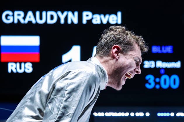 CHINA, HONG KONG - JULY 27, 2026: Russia s Pavel Graudyn competes in the men s individual sabre event at the 2026 Kerry Fencing World Championships. Mikhail Sinitsyn TASS  95533973