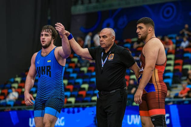U17, U 17 Wrestling World Championships 110kg GR - Tymofii Prykhodko (UKR) df. Aliakbar Ali Akoo (IRI) *** U17 Wrestling World Championships, 110 kg Greco-Roman: Tymofii Prykhodko (UKR) defeated Aliakbar Ali Akoo (IRI) by fall Copyright: xUnitedxWorldxWrestlingx xAmirrezx UWW-U17-WC-BAKU-2026
