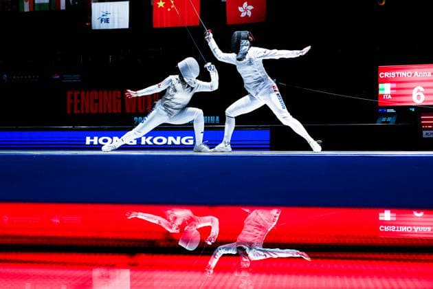 CHINA, HONG KONG - JULY 27, 2026: Italy s Anna Cristino (L) and Russia s Marta Martyanova compete in the ladies individual foil event at the 2026 Kerry Fencing World Championships. Mikhail Sinitsyn TASS  95535223