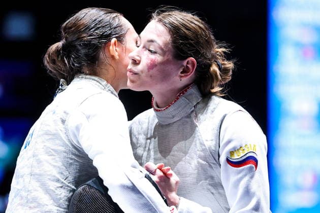 CHINA, HONG KONG - JULY 27, 2026: Russia s Vladislava Peniushkina (L) and Russia s Marta Martyanova after competing the ladies individual foil event at the 2026 Kerry Fencing World Championships 2026 Fencing World Championships In Hong Kong  - ZUMAt113 20260727_zaa_t113_265 Copyright: xMikhailxSinitsynx