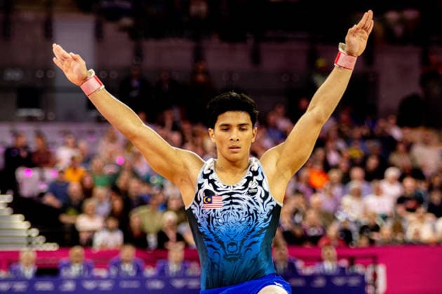 GLASGOW, SCOTLAND - JULY 27: Muhammad Sharul AIMY of Malaysia competes in the Men’s Floor Exercise Final at The Arena, Glasgow on July 27, 2026 in Glasgow, Scotland. (Photo by Claire Jeffrey Sports Press Photo)  Copyright: xClairexJeffreyx xSPPx Sportspressphoto_SPR197846