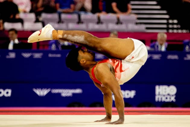 GLASGOW, SCOTLAND - JULY 27: Joshua NATHAN of England competes in the Men’s Floor Exercise Final at The Arena, Glasgow on July 27, 2026 in Glasgow, Scotland. (Photo by Claire Jeffrey Sports Press Photo)  Copyright: xClairexJeffreyx xSPPx Sportspressphoto_SPR197858