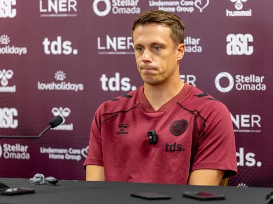 Alexander Schwolow of Hearts of Midlothian Speak to the press ahead of the clash with Sturm Graz Heart of Midlothian press conference, PK, Pressekonferenz ahead of their UEFA Champions League Qualifier, Football, Tynecastle Park, Edinburgh, Scotland, UK - 27 Jul 2026Edinburgh Oriam Scotland United Kingdom  Copyright: xAlanxRennie Shutterstockx 17015679q
