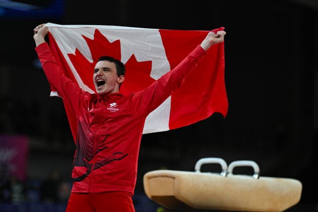 COM26 ARTISTIC GYMNASTICS, Jordan Carroll of Canada celebrates after winning the Artistic Gymnastics Men™s Pommel Horse Final during the Glasgow 2026 Commonwealth Games at the Glasgow International Arena in Glasgow, Scotland, Monday, July 27, 2026. ( NO ARCHIVING, EDITORIAL USE ONLY Glasgow Scotland United Kingdom  Copyright: xLUKASxCOCHx 20260728135238125289