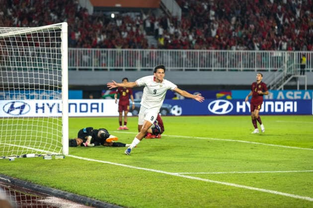 July 27, 2026, Bogor, West Java, Indonesia: Indonesian national Football player Mitchell Lee Baker (9) celebrates after successfully scoring a goal against the Cambodia national team, Nationalteam in ASEAN Hyundai Cup 2026 match at Pakansari Stadium, Bogor, West Java, Monday AFF Cup 2026: Indonesia Versus Cambodia  - ZUMAm344 20260727_zip_m344_002 Copyright: xHufazxMuhammadx