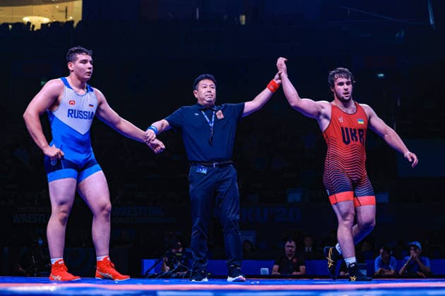 U17, U 17 Wrestling World Championships 110kg GR - Tymofii Prykhodko (UKR) df. Fedor Sukharev (RUS) *** U17 Wrestling World Championships, 110 kg Greco-Roman: Tymofii Prykhodko (UKR) defeated Fedor Sukharev (RUS) by fall Copyright: xUnitedxWorldxWrestlingx xAmirrezx UWW-U17-WC-BAKU-2026