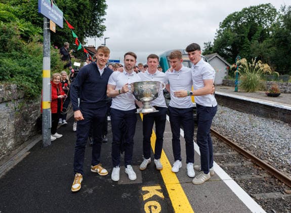 2026 GAA All-Ireland Senior Football Champions Mayo Homecoming, Castlebar, Mayo 27 7 2026 Mayo s Donnacha McHugh, Paddy Durcan, Sean Morahan, John MacMonagle and Bob Tuohy celebrate with the Sam Maguire Cup Donnacha McHugh, Paddy Durcan, Sean Morahan, John MacMonagle and Bob Tuohy celebrate with the Sam Maguire Cup 27 7 2026  Copyright: xx JR313233