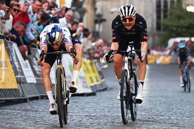 Belgian Remco Evenepoel of Red Bull-BORA-hansgrohe and Belgian Rune Herregodts of UAE Team Emirates-XRG sprint to the finish of the Natourcriterium Aalst cycling event, Monday 27 July 2026, in Aalst. The traditional criteriums are local showcases for which mainly cyclists who rode the Tour de France are invited. ELIASxROM  x182185778x