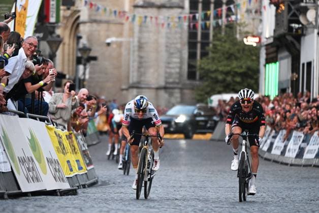 Belgian Remco Evenepoel of Red Bull-BORA-hansgrohe and Belgian Rune Herregodts of UAE Team Emirates-XRG sprint to the finish of the Natourcriterium Aalst cycling event, Monday 27 July 2026, in Aalst. The traditional criteriums are local showcases for which mainly cyclists who rode the Tour de France are invited. ELIASxROM  x182186113x