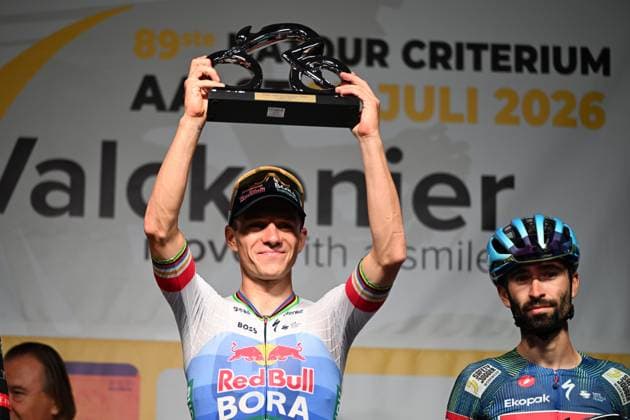 Belgian Remco Evenepoel of Red Bull-BORA-hansgrohe and French Valentin Paret-Peintre of Soudal Quick-Step celebrate on the podium after the Natourcriterium Aalst cycling event, Monday 27 July 2026, in Aalst. The traditional criteriums are local showcases for which mainly cyclists who rode the Tour de France are invited. ELIASxROM  x182186396x