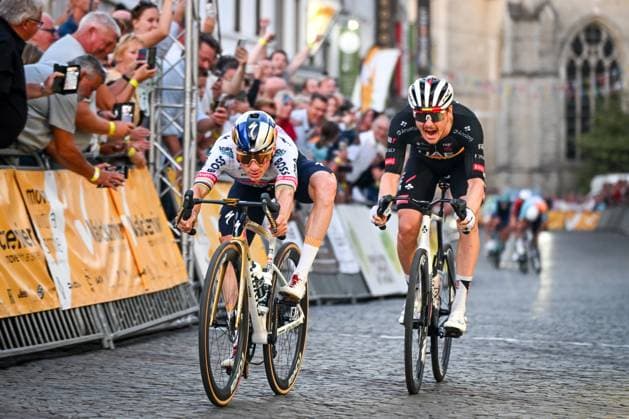 Belgian Remco Evenepoel of Red Bull-BORA-hansgrohe and Belgian Rune Herregodts of UAE Team Emirates-XRG sprint to the finish of the Natourcriterium Aalst cycling event, Monday 27 July 2026 in Aalst. The traditional criteriums are local showcases for which mainly cyclists who rode the Tour de France are invited. ELIASxROM  x182191108x