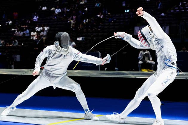 CHINA, HONG KONG - JULY 28, 2026: Athletes Kirill Borodachev (L) of Russia and Nick Itkin of the United States fight in their foil bout during the 2026 Kerry Fencing World Championships. Mikhail Sinitsyn TASS  95552355