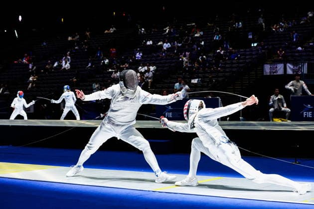CHINA, HONG KONG - JULY 28, 2026: Athletes Kirill Borodachev (L) of Russia and Nick Itkin of the United States fight in their foil bout during the 2026 Kerry Fencing World Championships. Mikhail Sinitsyn TASS  95552461
