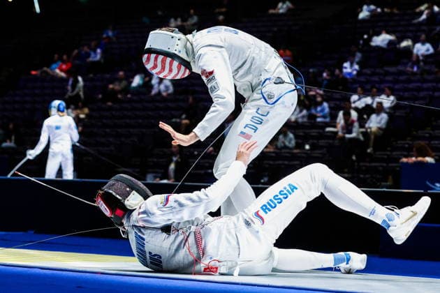 CHINA, HONG KONG - JULY 28, 2026: Athletes Nick Itkin (standing) of the United States and Kirill Borodachev of Russia fight in their foil bout during the 2026 Kerry Fencing World Championships. Mikhail Sinitsyn TASS  95552464