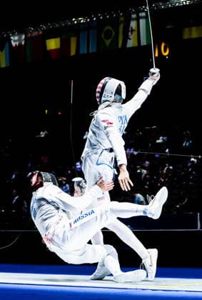 CHINA, HONG KONG - JULY 28, 2026: Athletes Nick Itkin (R) of the United States and Kirill Borodachev of Russia fight in their foil bout during the 2026 Kerry Fencing World Championships. Mikhail Sinitsyn TASS  95552463