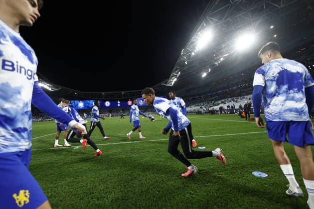SOCCER CHELSEA WANDERERS, Chelsea players warm up ahead of the Sydney Super Cup match between Chelsea FC and the Western Sydney Wanderers FC at Accor Stadium in Sydney, Tuesday, July 28, 2026. ( NO ARCHIVING, EDITORIAL USE ONLY SYDNEY NEW SOUTH WALES AUSTRALIA  Copyright: xMARKxEVANSx 20260728187427131353