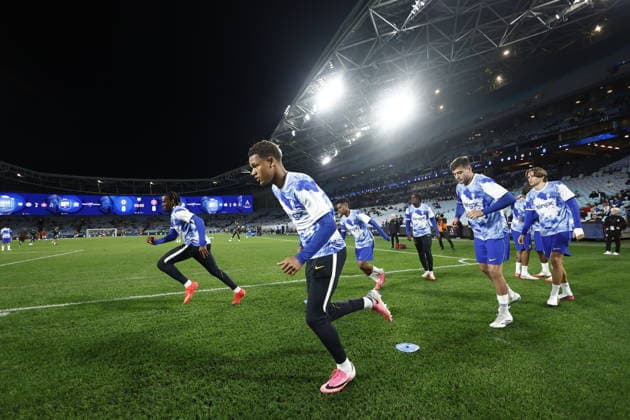 SOCCER CHELSEA WANDERERS, Chelsea players warm up ahead of the Sydney Super Cup match between Chelsea FC and the Western Sydney Wanderers FC at Accor Stadium in Sydney, Tuesday, July 28, 2026. ( NO ARCHIVING, EDITORIAL USE ONLY SYDNEY NEW SOUTH WALES AUSTRALIA  Copyright: xMARKxEVANSx 20260728189692868040