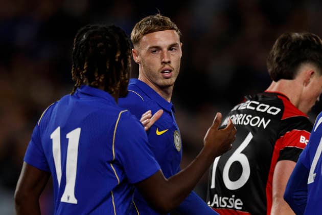 SOCCER CHELSEA WANDERERS, Cole Palmer of Chelsea congratulates Jamie Gittens of Chelsea on his goal during of the Sydney Super Cup match between Chelsea FC and the Western Sydney Wanderers FC at Accor Stadium in Sydney, Tuesday, July 28, 2026. ( NO ARCHIVING, EDITORIAL USE ONLY SYDNEY NEW SOUTH WALES AUSTRALIA  Copyright: xMARKxEVANSx 20260728147278475185