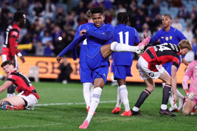 Estv‹o of Chelsea celebrates the goal by Jamie Gittens of Chelsea during the match between Chelsea F.C. and Western Sydney Wanderers, Sydney Super Cup friendly at Accor Stadium, Sydney on 28 July 2026. Copyright: xPeterxDovganx 45290167