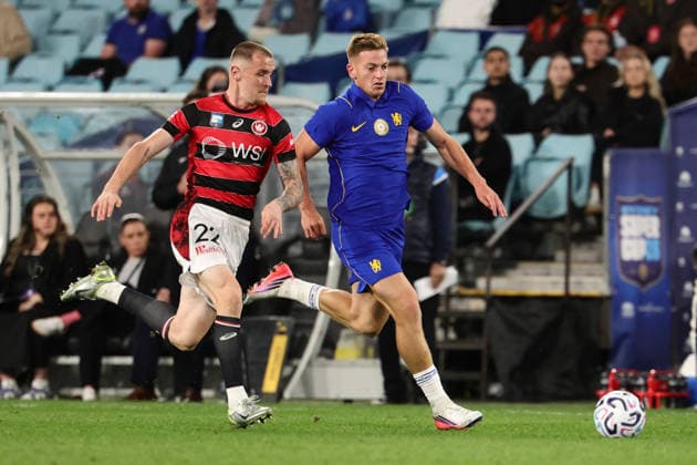 Liam Delap of Chelsea dribbles the ball during the match between Chelsea F.C. and Western Sydney Wanderers, Sydney Super Cup friendly at Accor Stadium, Sydney on 28 July 2026. Copyright: xPeterxDovganx 45290162
