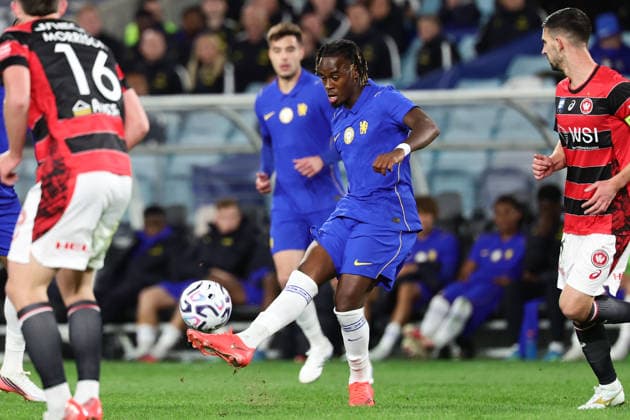 Jamie Gittens of Chelsea kicks the ball during the match between Chelsea F.C. and Western Sydney Wanderers, Sydney Super Cup friendly at Accor Stadium, Sydney on 28 July 2026. Copyright: xPeterxDovganx 45290170