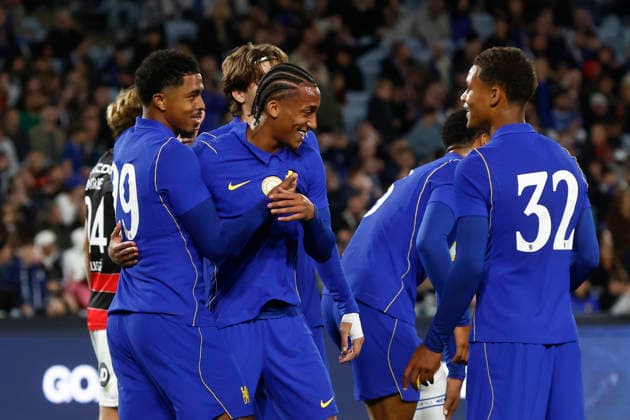 SOCCER CHELSEA WANDERERS, Joao Pedro of Chelsea celebrates scoring a goal with team mates during of the Sydney Super Cup match between Chelsea FC and the Western Sydney Wanderers FC at Accor Stadium in Sydney, Tuesday, July 28, 2026. ( NO ARCHIVING, EDITORIAL USE ONLY SYDNEY NEW SOUTH WALES AUSTRALIA  Copyright: xMARKxEVANSx 20260728156727118214