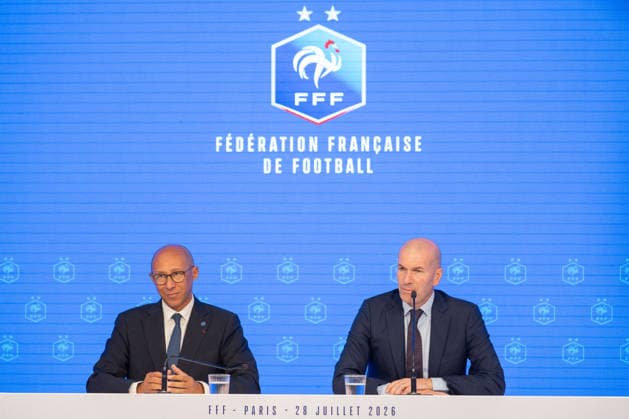 press conference, PK, Pressekonferenz to present Zinedine Zidane as the new coach of France Football national team, Nationalteam - Paris AJ President of the French Football Federation (FFF) Philippe Diallo and Former French international football player Zinedine Zidane during a press conference to present him as the new head coach of France national football team at the French Football Federation headquarters (FFF) in Paris, France on July 28, 2026. The former France playmaker, who won the 1998 World Cup and the 2000 European Championship, EM, Europameisterschaft as a player, has been appointed head coach of the French national team, succeeding Didier Deschamps, the French Football Federation (FFF) announced. Zidane takes over from his former teammate Deschamps, who had been in charge since 2012; Deschamps tenure ended with a fourth-place finish at the 2026 World Cup, following a title win in 2018 and a final appearance in 2022. Photo by Alexis Jumeau ABACAPRESS.COM Paris France  Copyright: xJumeauxAlexis ABACAx
