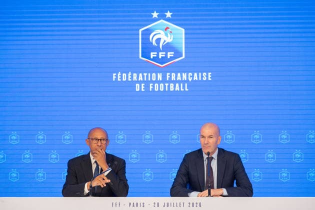press conference, PK, Pressekonferenz to present Zinedine Zidane as the new coach of France Football national team, Nationalteam - Paris AJ President of the French Football Federation (FFF) Philippe Diallo and Former French international football player Zinedine Zidane during a press conference to present him as the new head coach of France national football team at the French Football Federation headquarters (FFF) in Paris, France on July 28, 2026. The former France playmaker, who won the 1998 World Cup and the 2000 European Championship, EM, Europameisterschaft as a player, has been appointed head coach of the French national team, succeeding Didier Deschamps, the French Football Federation (FFF) announced. Zidane takes over from his former teammate Deschamps, who had been in charge since 2012; Deschamps tenure ended with a fourth-place finish at the 2026 World Cup, following a title win in 2018 and a final appearance in 2022. Photo by Alexis Jumeau ABACAPRESS.COM Paris France  Copyright: xJumeauxAlexis ABACAx