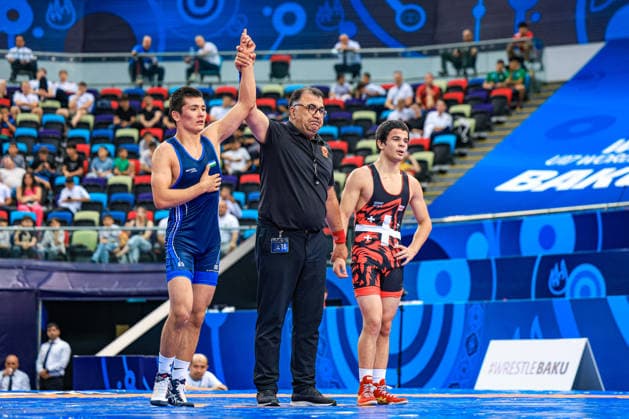 U17, U 17 Wrestling World Championships 60kg GR - Sadriddin Tulkinboev (UZB) df. Giorgi Chachua (GEO) *** U17 Wrestling World Championships, 60 kg Greco-Roman: Sadriddin Tulkinboev (UZB) def. Giorgi Chachua (GEO) Copyright: xUnitedxWorldxWrestlingx xAmirrezx UWW-U17-WC-BAKU-2026