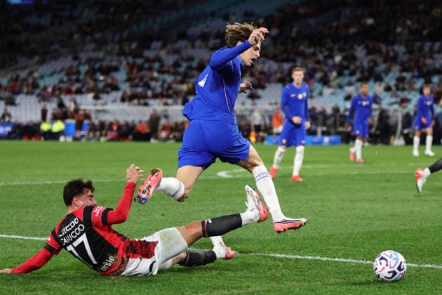 Marco Palestra of Chelsea is tackled by Jarrod Carluccio of Western Sydney Wanderers during the match between Chelsea F.C. and Western Sydney Wanderers, Sydney Super Cup friendly at Accor Stadium, Sydney on 28 July 2026. Copyright: xPeterxDovganx 45290195