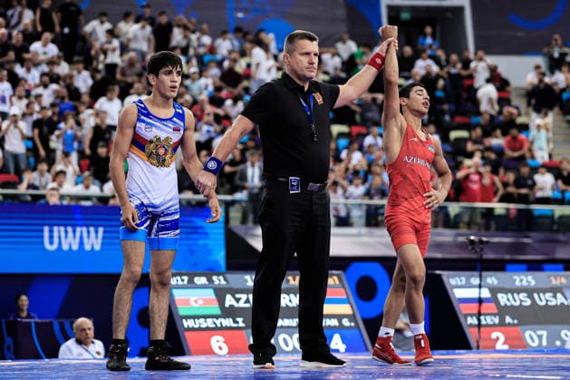 U17, U 17 Wrestling World Championships 51kg GR - Abdurrahman Huseynli (AZE) df. Gevorg Harutyunyan (ARM) *** U17 Wrestling World Championships, 51 kg Greco-Roman: Abdurrahman Huseynli (AZE) defeated Gevorg Harutyunyan (ARM) Copyright: xKostadinxAndonovx UWW-U17-WC-BAKU-2026