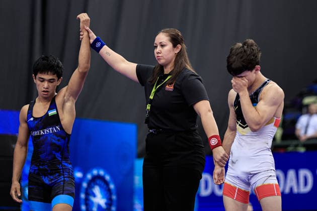 U17, U 17 Wrestling World Championships 51kg GR - Bunyod Hasanov (UZB) df. Denys Kiryk (UKR) *** U17 Wrestling World Championships, 51 kg Greco-Roman: Bunyod Hasanov (UZB) def. Denys Kiryk (UKR) Copyright: xKostadinxAndonovx UWW-U17-WC-BAKU-2026