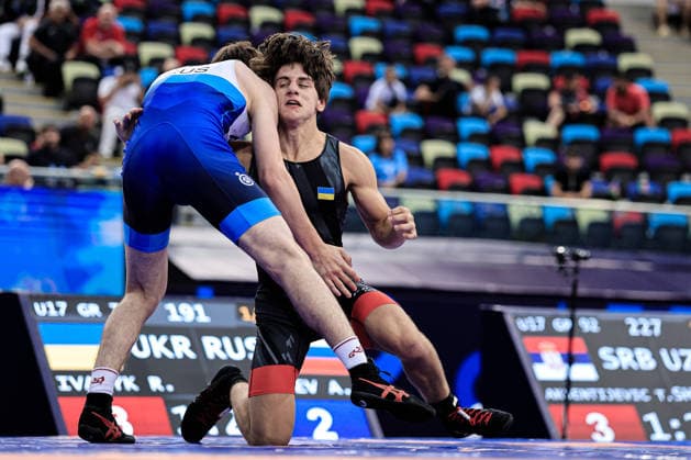 U17, U 17 Wrestling World Championships 71kg GR - Aslan Dzuev (RUS) df. Roman Ivanyk (UKR) *** U17 Wrestling World Championships, 71 kg Greco-Roman: Aslan Dzuev (RUS) defeated Roman Ivanyk (UKR) by fall Copyright: xKostadinxAndonovx UWW-U17-WC-BAKU-2026