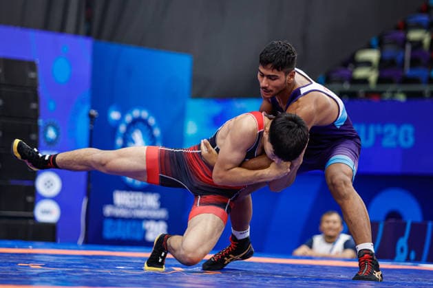 U17, U 17 Wrestling World Championships 71kg GR - Baiel Bakytbekovich Nuraliev (KGZ) df. Parnam Singh (IND) *** U17 Wrestling World Championships, 71 kg, Greco-Roman: Baiel Bakytbekovich Nuraliev (KZ) def. Parnam Singh (IND) Copyright: xKostadinxAndonovx UWW-U17-WC-BAKU-2026