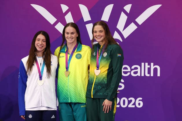 July 27, 2026, Glasgow, Scotland, Great Britain: ALEX PERKINS of Australia (center), KEANNA MACINNES of Scotland (left) and ERIN GALLAGHER of South Africa (right) pose with their gold, silver and bronze medal in the Swimming Women s 100m Butterfly Medal Ceremony of the Commonwealth Games Glasgow 2026 at the Tollcross International Swimming Centre in Glasgow, Scotland. Commowealth Games 2026: Swimming  - ZUMAc179 20260727_zep_c179_466 Copyright: xMickaelxChavetx