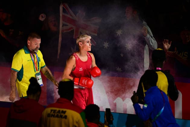 COM26 BOXING, Jye Dixon (red) of Australia in action during his Quarter Final match against Md Rakib Hossain (blue) of Bangladesh during the Glasgow 2026 Commonwealth Games at SEC Centre in Glasgow, United Kingdom, Tuesday, July 28, 2026. ( NO ARCHIVING, EDITORIAL USE ONLY, AUSTRALIA ONLY Glasgow Scotland United Kingdom  Copyright: xDEANxLEWEINSx 20260728163719690182