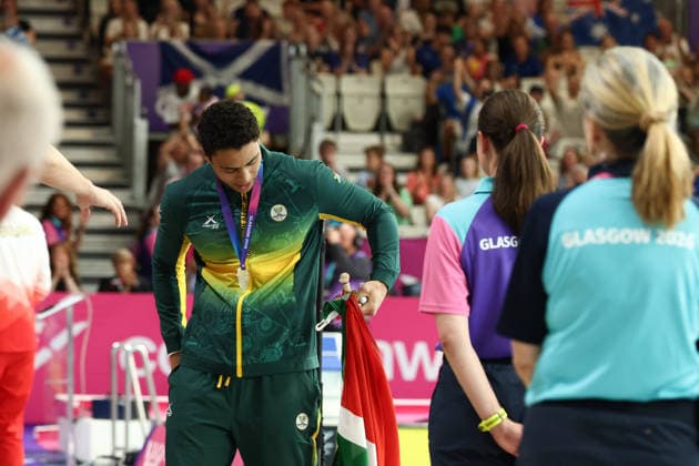 July 27, 2026, Glasgow, Scotland, Great Britain: MICHAEL HOULIE of South Africa poses with the silver medal during the Swimming Men s 50m Breaststroke Medal Ceremony of the Commonwealth Games Glasgow 2026 at the Tollcross International Swimming Centre in Glasgow, Scotland. Commowealth Games 2026: Swimming  - ZUMAc179 20260727_zep_c179_495 Copyright: xMickaelxChavetx
