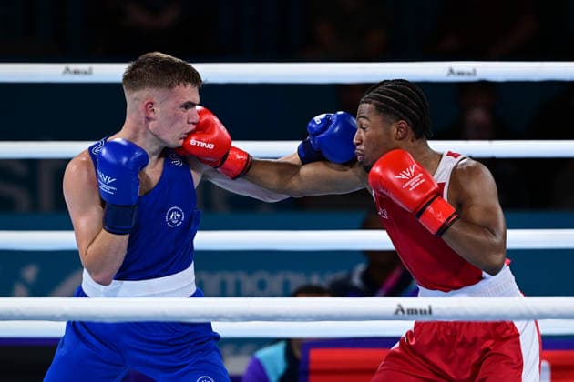 COM26 BOXING, Jacob Cassar (blue) of Australia in action during his Quarter Final match against Gabriel Labrie (red) of Canada during the Glasgow 2026 Commonwealth Games at SEC Centre in Glasgow, United Kingdom, Tuesday, July 28, 2026. ( NO ARCHIVING, EDITORIAL USE ONLY, AUSTRALIA ONLY Glasgow Scotland United Kingdom  Copyright: xDEANxLEWEINSx 20260728112804863250