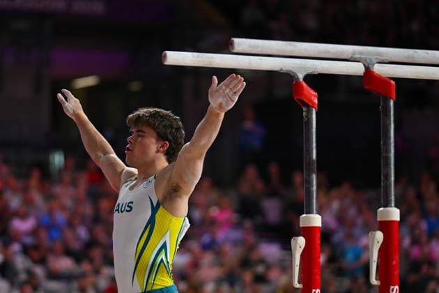 COM26 ARTISTIC GYMNASTICS, Jesse Moore of Australia competes in the Artistic Gymnastics Men™s Parallel Bars Final during the Glasgow 2026 Commonwealth Games at the Glasgow International Arena in Glasgow, Scotland, Tuesday, July 28, 2026. ( NO ARCHIVING, EDITORIAL USE ONLY Glasgow Scotland United Kingdom  Copyright: xLUKASxCOCHx 20260729174142714298