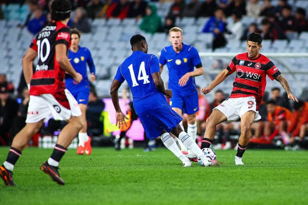 RECORD DATE NOT STATED 28th July 2026, Accor Stadium, Sydney, New South Wales, Australia; Friendly Football, Chelsea versus Western Sydney Wanderers; Aydan Hammond of Western Sydney Wanderers takes on Dario Essugo of Chelsea FC KevinxManning