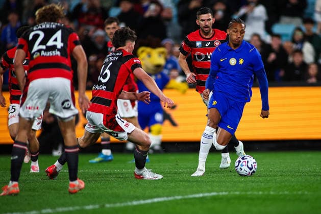 RECORD DATE NOT STATED 28th July 2026, Accor Stadium, Sydney, New South Wales, Australia; Friendly Football, Chelsea versus Western Sydney Wanderers; Joao Pedro of Chelsea FC controls the ball KevinxManning