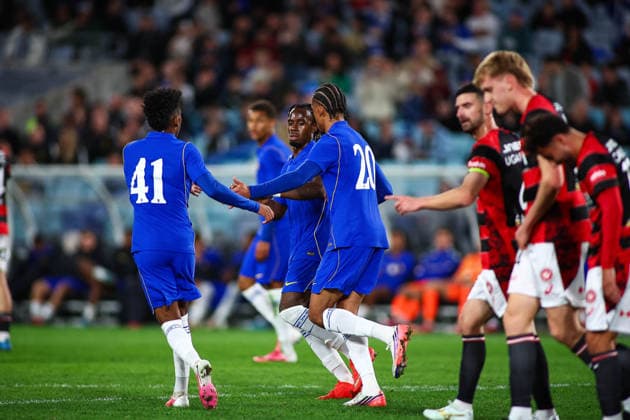 RECORD DATE NOT STATED 28th July 2026, Accor Stadium, Sydney, New South Wales, Australia; Friendly Football, Chelsea versus Western Sydney Wanderers; teammates congratulate Joao Pedro of Chelsea FC after scoring his first goal in the 80th minute KevinxManning