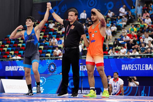 U17, U 17 Wrestling World Championships 65kg GR - Orkhan Habibli (AZE) df. Kunal Dagar (IND) *** U17 Wrestling World Championships, 65 kg Greco-Roman: Orkhan Habibli (AZE) def. Kunal Dagar (IND) Copyright: xKostadinxAndonovx UWW-U17-WC-BAKU-2026