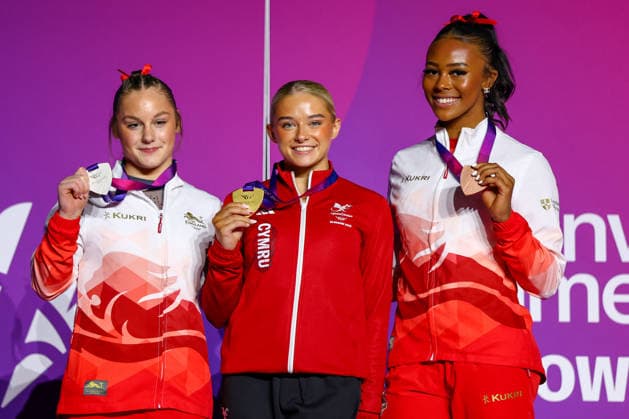 RECORD DATE NOT STATED 28th July 2026; Glasgow, Scotland; 2026 Commonwealth Games, Day Six; Womens Apparatus Final Floor - gold medallist Ruby Evans (WAL) , silver medallist Abigail Martin (ENG) , bronze medallist Shantae-Eve Amankwaah (ENG) RogerxEvans