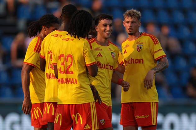 Como, Italy, 28th July 2026. Andrija Bulatovic of Racing Club de Lens celebrates with team mates after scoring to give the side a 3-0 lead during the Crystal Palace vs Racing Club de Lens Pre Season Friendly match at Stadio Giuseppe Sinigaglia, Como. Picture credit should read: Jonathan Moscrop Sportimage EDITORIAL USE ONLY. No use with unauthorised audio, video, data, fixture lists, club league logos or live services. Online in-match use limited to 120 images, no video emulation. No use in betting, games or single club league player publications. SPI_016_JM_PALACE_LENS SPI-4866-0014